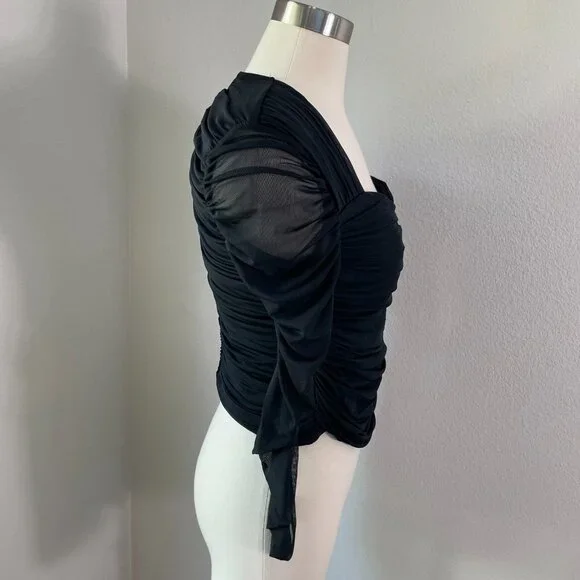 Express Womens Medium Body Contour Black Ruched Mesh Long Sleeve Top Blouse - Picture 4 of 9